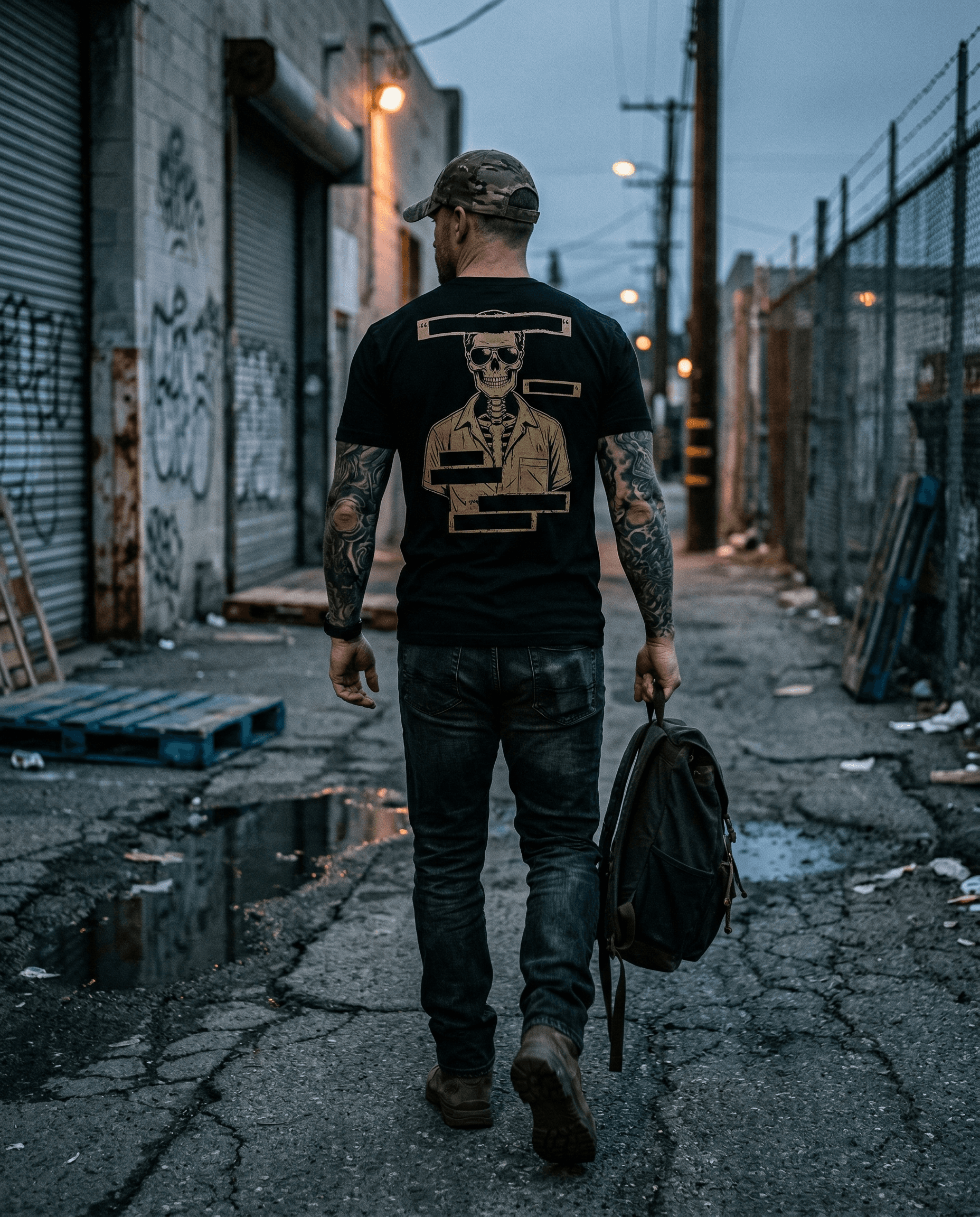 Man walking through urban alley wearing The Spook tee with redacted text